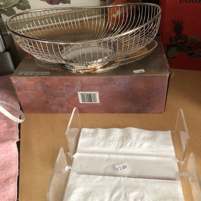 Silver bread basket, Lucite napkin holder
