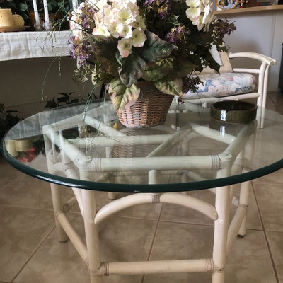 Matching Whitewashed Rattan coffee table w/glass top - 36W  18-1/2H