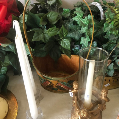 Candles, faux greenery, baskets