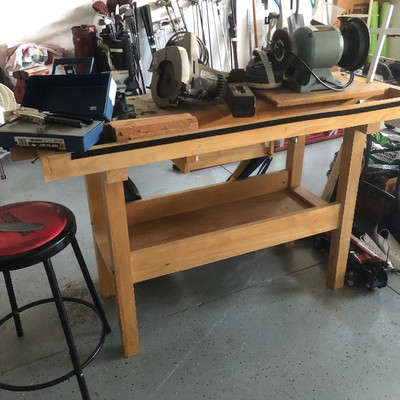 Wood work bench, power tools, garage stool