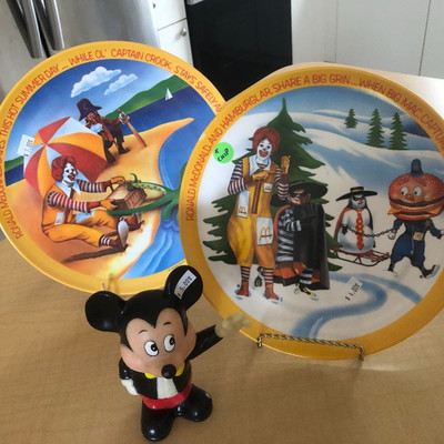 Collectibles! Vintage McDonalds plastic plates, Mickey Mouse Bank