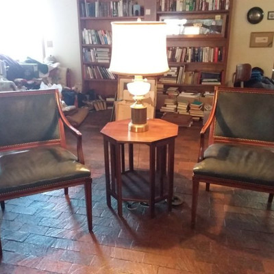 2 Wood/Leather Chairs (Hickory Chair Inc.) and Lamp
