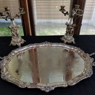 Gotham Silver Tray/Ornate Silver/Lucite Candle Holders