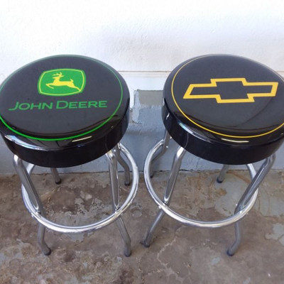 2 Bar Stools- John Deere and Chevrolet, 1 Wood Stool