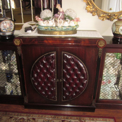 Burgundy Red Leather Tufted Front Mahogany Bar/Entertainment/Cabinet 