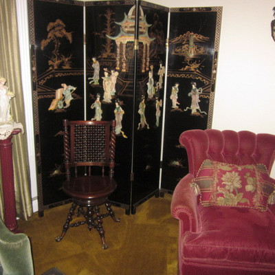 Huge Asian Collection Japanese Room Divider Screen Pedestals ~ Antique Victorian High Back Swivel Piano Seat  