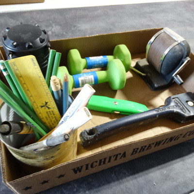 Lot with 3LB hand weights, box knife, tin with pen ...