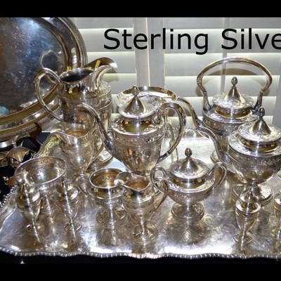 Antique sterling coffee tea set with heavy 18th century footed tray