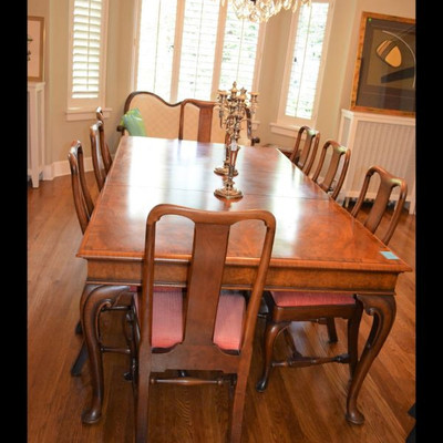 1920s walnut dining set with 4 leaves and 10 chairs