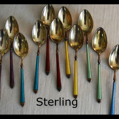 Scandinavian enameled sterling demitasse spoon set 