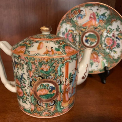Famille Rose Chinese Tea Pot with Plate