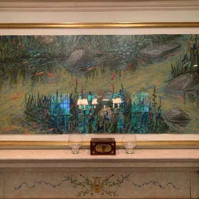 Koi Pond, Hand Painted Three Panel Screen, Signed Kline