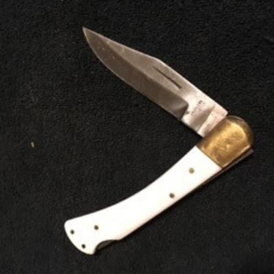White w Brass End Lock Blade Knife