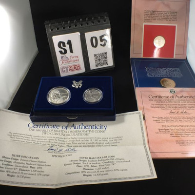 1993 Bill of Rights Commemorative Coin set, uncirculated Dollar with "D" mint mark, Half Dollar with "W" mint mark,...