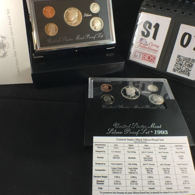 1) 1993 Silver Proof Set of 5 coins in hard case

1) 1993 US Mint Premier Silver Proof set, "S" mint mark in Velvet display...