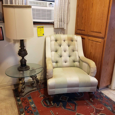 390-	
End Table, Lamp and Antique Glabman Chair
Chair Measures Approximately 37