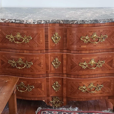 205:	
A neoclassic Italian design on this wide 3-drawer dresser with gray rosa beta granite top with dupont style beveled edges and brass...