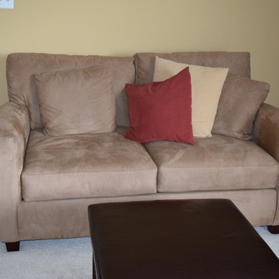 Love Seat, Pillows, Ottoman, Side Table