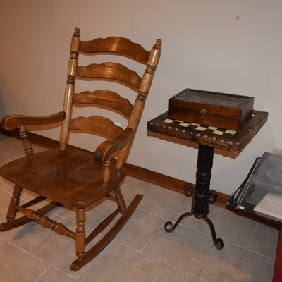 Vintage Rocking Chair, Chess Set, & Table Board