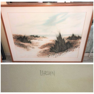 Fran Larsen watercolor in heavy teak frame
