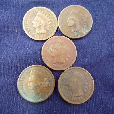 5 Indian Head Pennies 4-1902, 1905