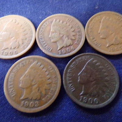 5 Indian Head Pennies 1900,1903, 1904, 1906, 1907