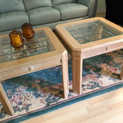 3 Matching Light Wood End Tables w/Beveled Glass Tops (some wear) - $15 EACH 
	(26x26 SQ)
Handcrafted 100% Wool Rug 