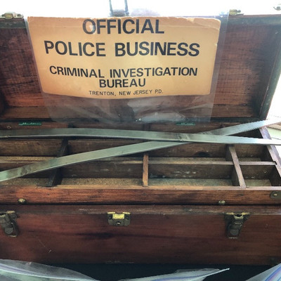 Vintage wood ammo box, laminated police sign