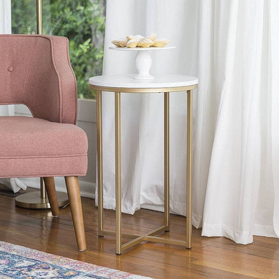 16 in. Marble Gold Round Side Table