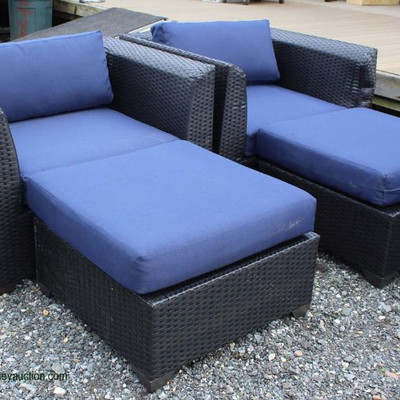  NEW PAIR of All Weather Wicker Club Chairs with Ottomans and Cushions

 Auction Estimate $300-$600 â€“ Located Field 