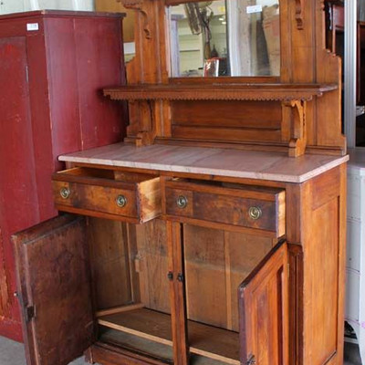  ANTIQUE Walnut Victorian Marble Top 2 Drawer 2 Door Buffet with Carved Mirror Backsplash

Auction Estimate $200-$400 – Located Dock 