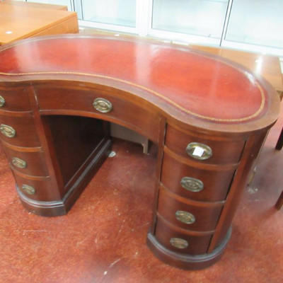 Mahogany leather top kidney shape desk