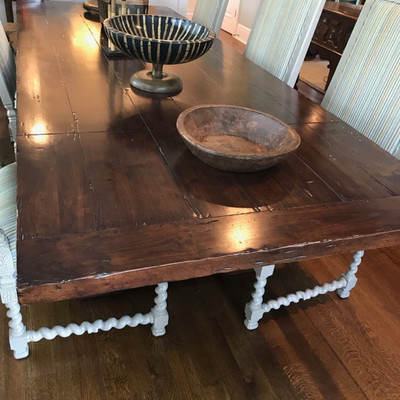 Farm dining table $2,200 SOLD
95 X 42 X 31" includes 2 leaves 23" each
Upholstered side chair $195 each
22 X 21 X 47"
6...