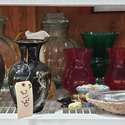 2126: 	
Misc Vase's & More!
Numerous vases, dishes, and collectors items shown here. Abalone shell, porcelain cream pitcher, yellow glass...