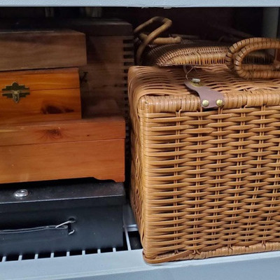2312: 	
Assorted Picnic Baskets, Small Wooden Chests and Brinks Home Security Cash Box
Assorted Picnic Baskets, Small Wooden Chests and 