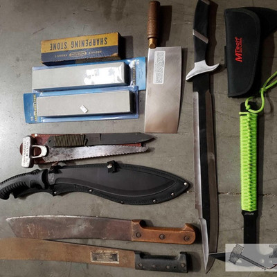 860: 6 Large Fixed Blade Knives, M-Tech Hatchet, and 3 Sharpening Stones
Blade Lengths: 5
