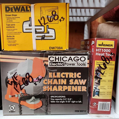 1268: 	
Crown Stops, Electric Chain Saw Sharpener, Heat Tool
DeWALT crown stops, Chicago Electrics Power Tools Chain saw Sharpener,...