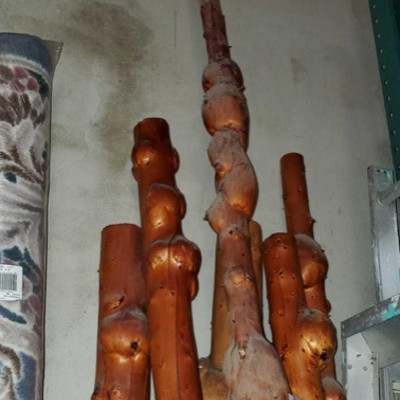 3525: 	
Knotted Wood poles
Includes 7 Knotted Wood poles for furniture. Ranging in size from 80 inches to 150 inches long