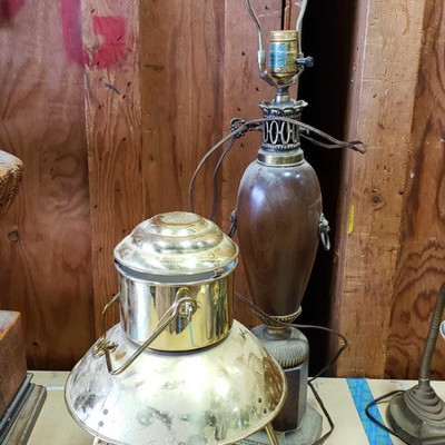 2094: 	
Vintage Gas Lamp and Table Lamp
Pretty cool vintage lamp finds! One is a metal gas lamp with cage harp and finial design and...