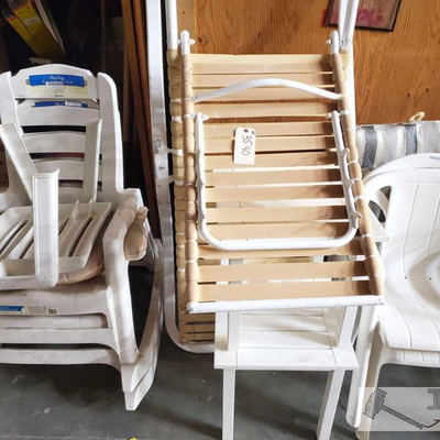 3540: 	
Lawn Chairs, Lounge Chairs and more!
Lounge chair, lawn chairs, cushions and tables. Measures Approximately from 18