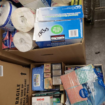 2343: 
Three Boxes of Assorted Household Supplies
Foil, wipes, tissue, toilet paper, bandaid, soap, tooth brushes and more!