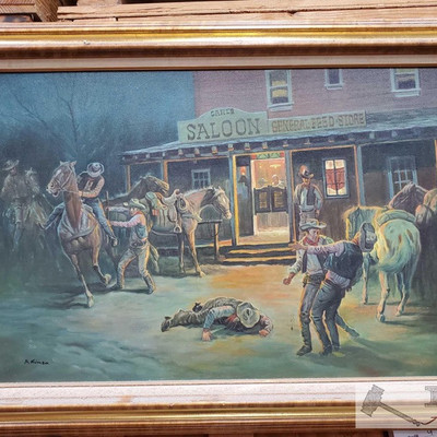 625: Signed and Framed Canvas Art By S. Kinza 
This is a beautiful interpretation of showdown at Carl's Saloon by artist S.Kinza shows...