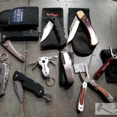 856: 	
9 Pocket Knives, Schrade, Kerchaw, Smith & Wesson, Leatherman, and More
Blade Lengths: 1.5