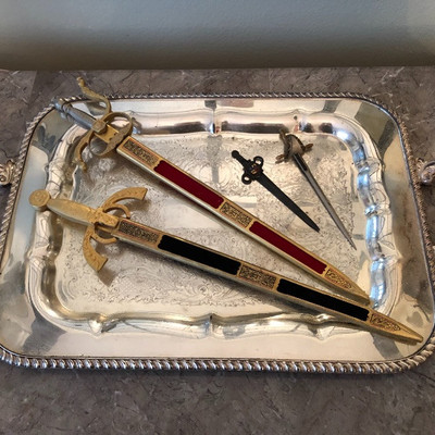 Silver tray, collectible swords