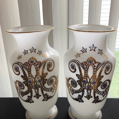 Pair beautiful white glass & gold vases