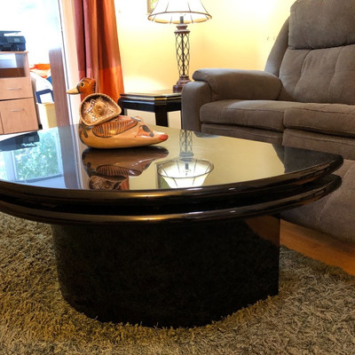 Unique Mid-century Black Lacquer Demi Lune Swivel-top Table w/marble detail - $150 
	(27-1/2 half-circle, 44 full circle)
