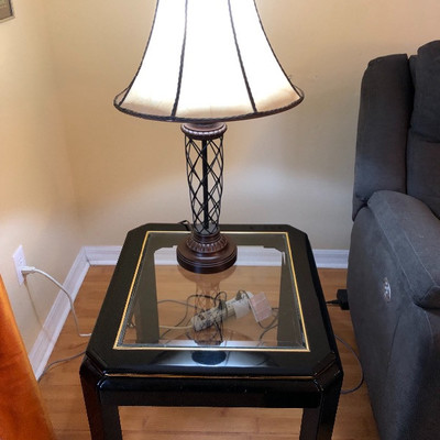 Pair of Black Lacquer w/Gold Trim End Tables - $55 EACH (24W 25D)  (Pair of black metal Lamps)