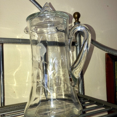 Vintage etched glass pitcher w/lid
