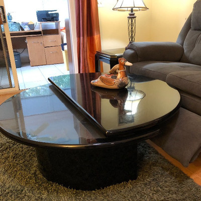 Unique Mid-century Black Lacquer Demi Lune Swivel-top Table w/marble detail - $150 
	(27-1/2 half-circle, 44 full circle)
