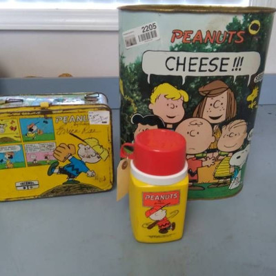 Peanuts Lunchbox, Thermos, Metal Trash Bin